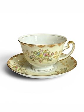 Vintage Meito China Dalton Teacup and Saucer Set, Gold Gilded Floral Porcelain